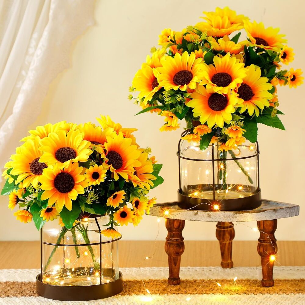Yiyiring 2 Set Vintage Glass Vase Sunflower Rustic Farmhouse Lantern Decor